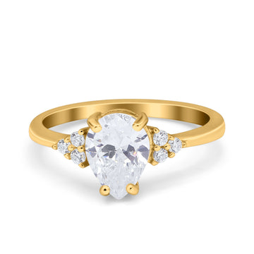 14K Yellow Gold Teardrop Pear Art Deco Engagement Wedding Bridal Ring Round Simulated CZ